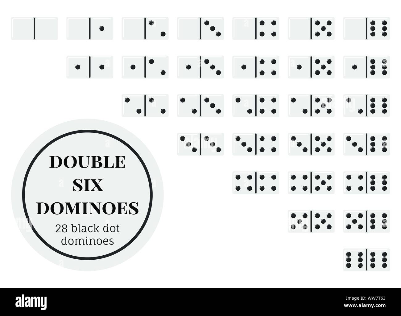 Doppio 6 gioco di domino pezzi impostato, design piatto illustrazioni, 28 rettangolare bianco knuckles punti neri isolati su bianco. Illustrazione Vettoriale