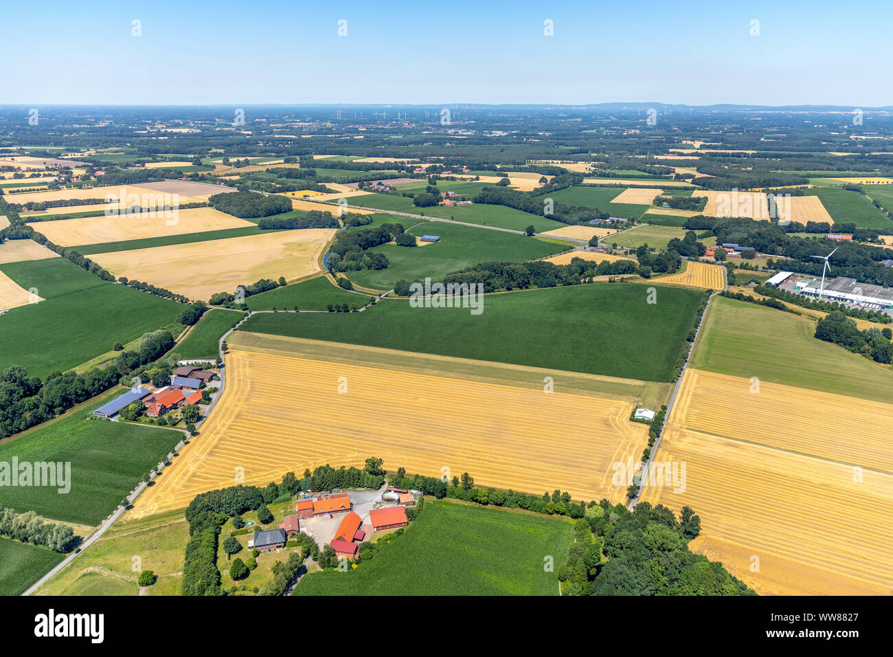 Scuola di Aviazione zona attiva - scuola di parapendio in MÃ¼nsterland, aviosuperficie privata Beelen, agricoltura, campi, prati e boschi ad ovest di Beelen, Beelen, distretto di Warendorf, MÃ¼nsterland, Nord Reno-Westfalia, Germania Foto Stock