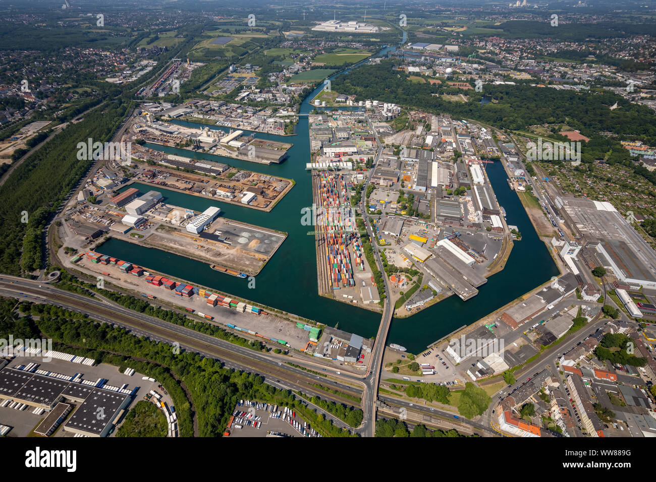 Vista aerea, porto interno di Dortmund, Dortmunder Hafen AG, container terminal Dortmund GmbH, stazione ferroviaria di Dortmund GmbH, DE infrastructure GmbH, Dortmund, la zona della Ruhr, Nord Reno-Westfalia, Germania Foto Stock
