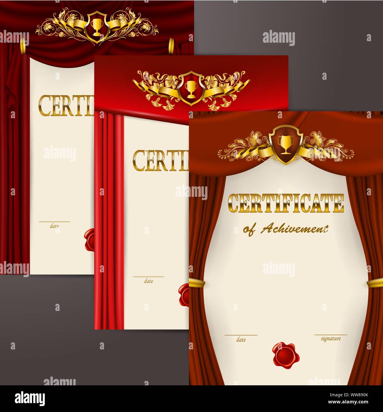 Serie di modelli eleganti del diploma di ornamento in pizzo e nastro di sigillo di cera, protezione corona di alloro, drappeggi tessuto, luogo di testo. Illustrazione Vettoriale