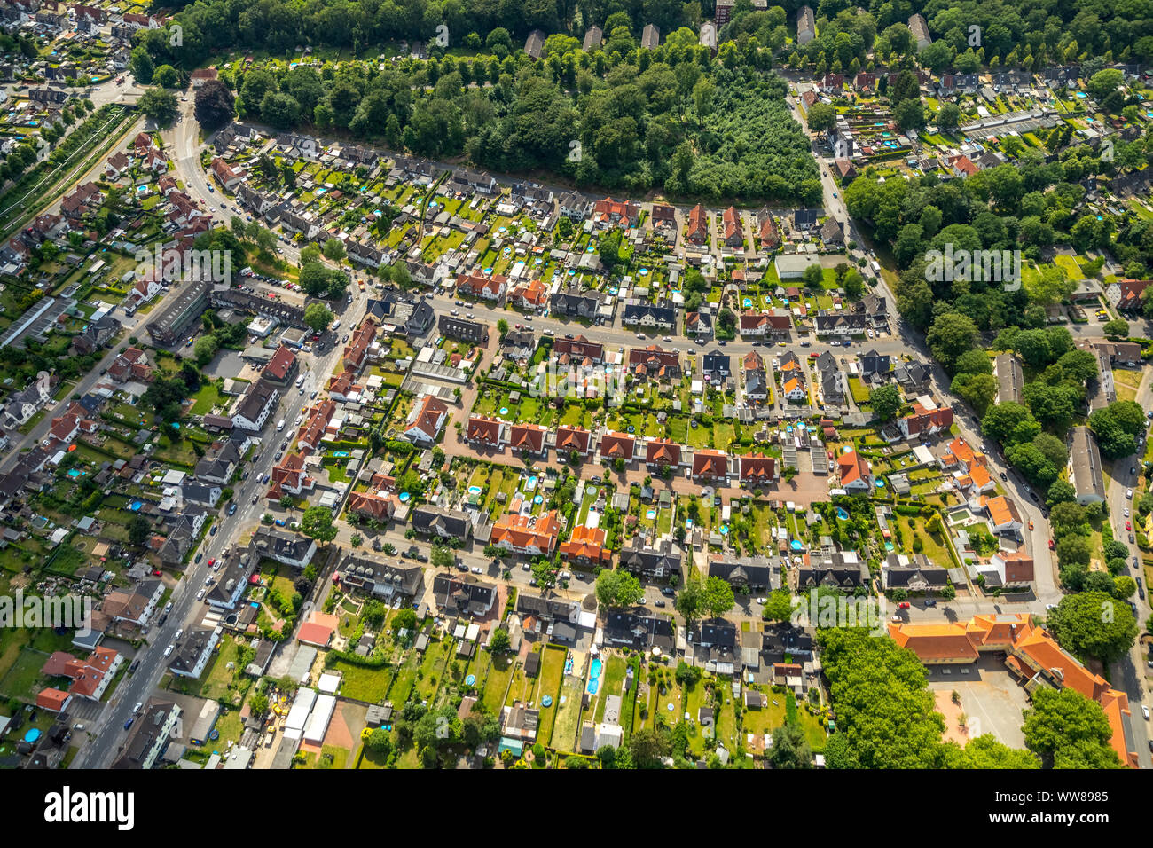 Vista aerea, vivendo in Zweckel, case a schiera, case unifamiliari, SchÃ¶nbergstraÃŸe, housing development, Gladbeck, Ruhrgebiet, Nord Reno-Westfalia, Germania Foto Stock