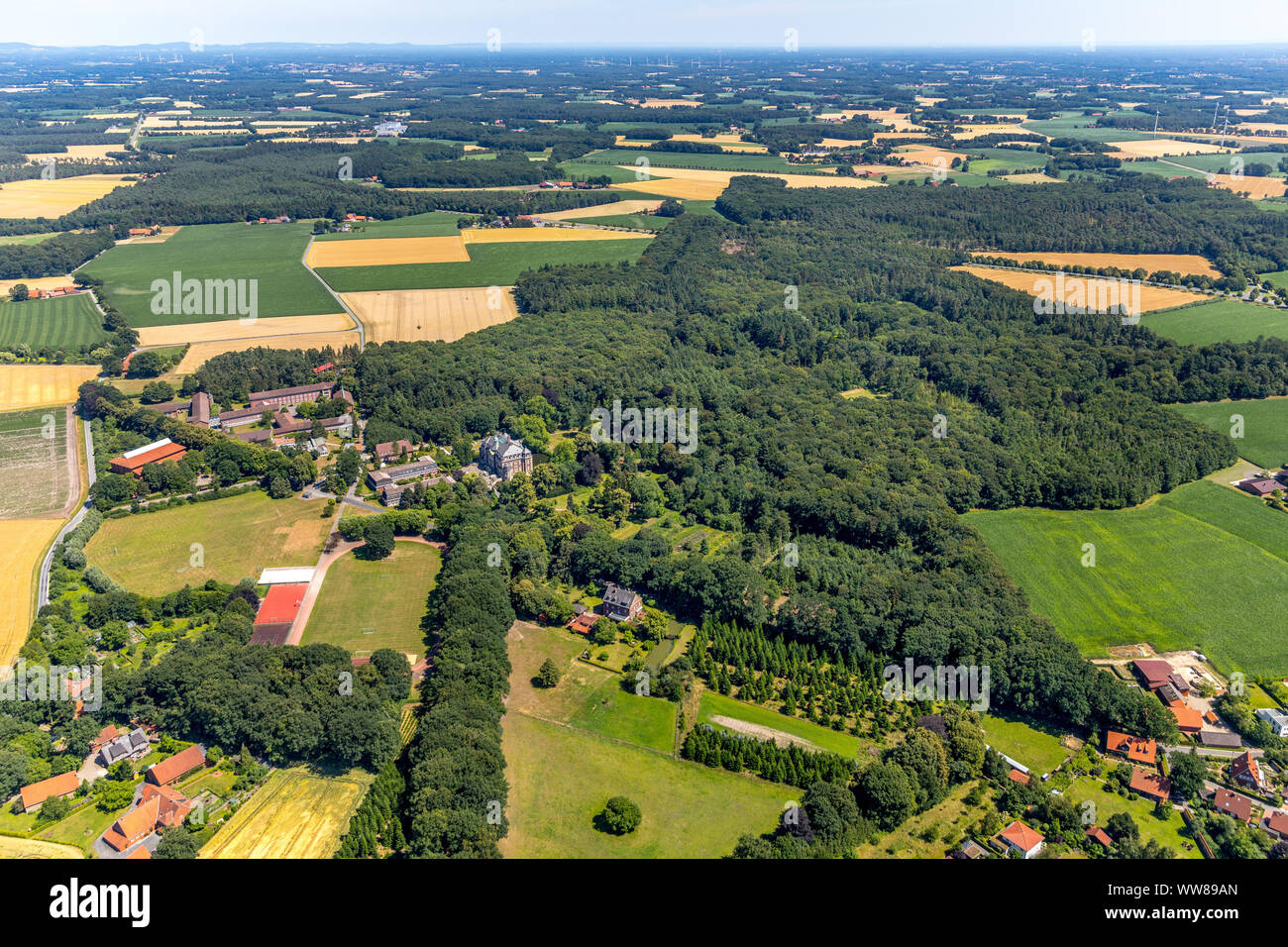 Vista aerea, panoramica Schloss Loburg, boarding school Schloss Loburg, Holtkampgraben, Ostbevern, MÃ¼nsterland, Renania settentrionale-Vestfalia, Germania, Europa Foto Stock