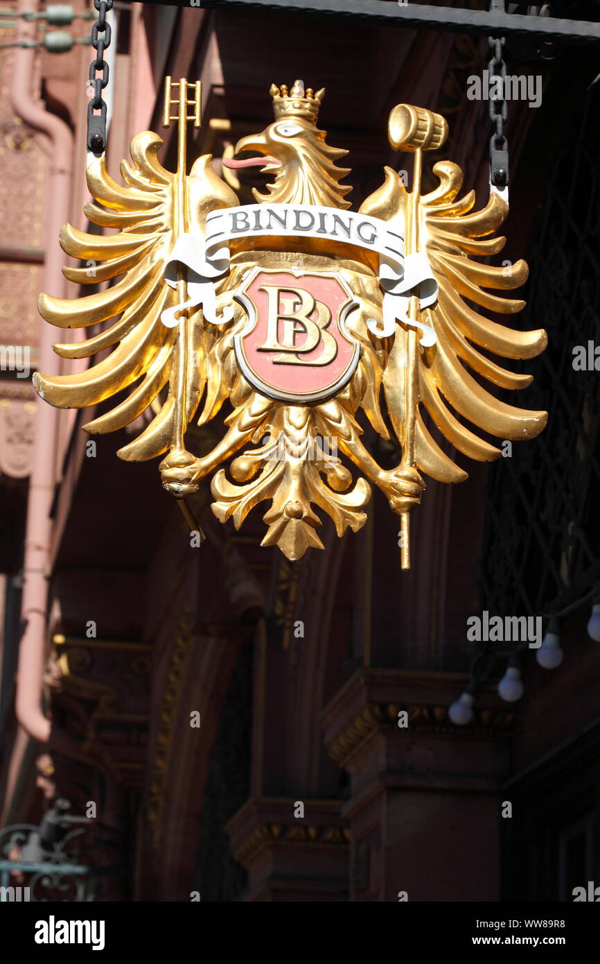 Cartello pubblicitario da appendere "Gasthaus am RÃ¶mer", Frankfurt am Main, Hesse, Germania, Europa Foto Stock