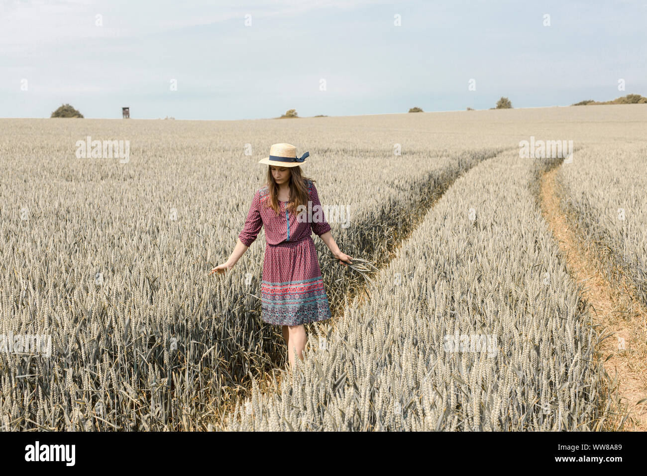 Giovane donna in abiti estivi e con cappello di paglia sul campo di grano Foto Stock