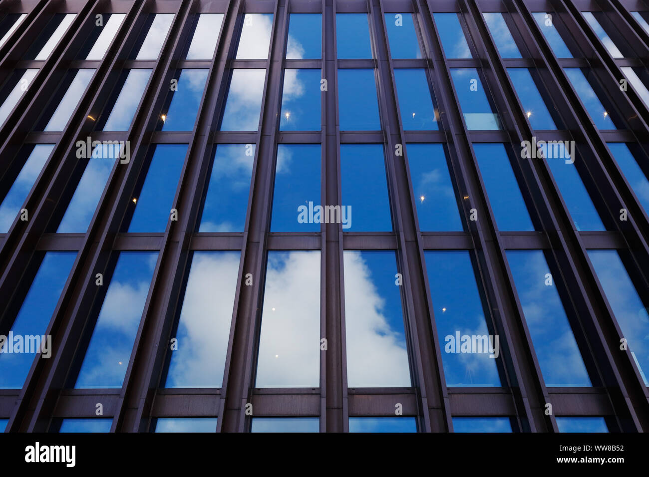 Basso angolo di vista di un moderno edificio con facciata di vetro e al di fuori di travi di acciaio con il cielo che riflette in Windows. Foto Stock