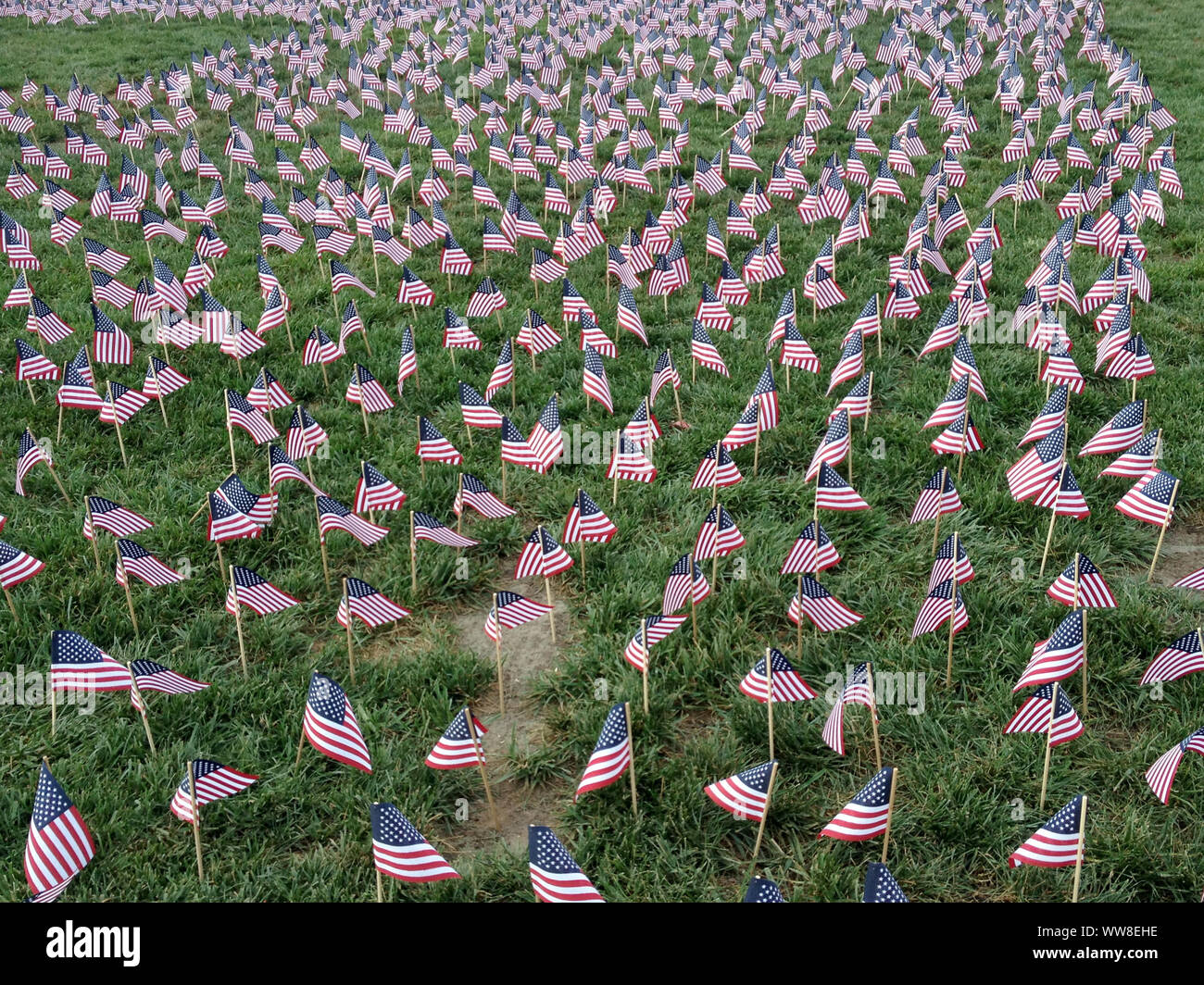 Lynchburg, VA, Stati Uniti d'America. Bandierine americane che copre il prato anteriore di Liberty University, onorando 9/11 vittime. Foto Stock