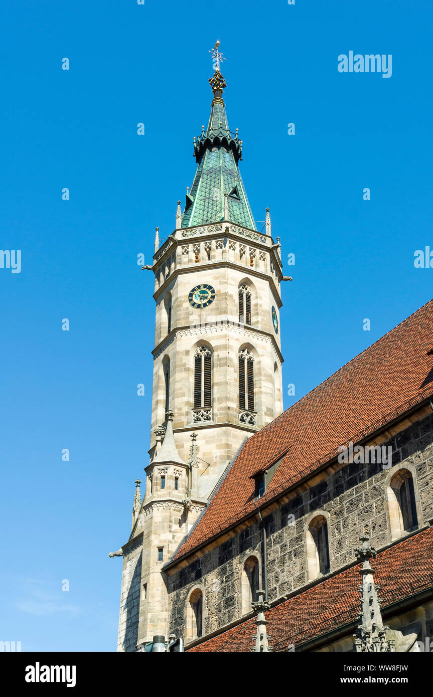 Germania, Baden-WÃ¼rttemberg, Bad Urach, torre della collegiata di Sant'Amandus, patron saint Amand von Maastricht, capomaestro Peter von Koblenz intorno 1500 Foto Stock