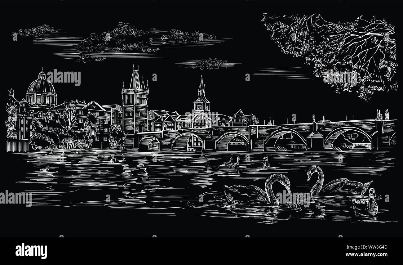 Vettore di disegno a mano illustrazione Cityscape di Charles Bridge e cigni nel fiume Moldava a Praga. Di Praga, Repubblica Ceca. Vector illustrat Illustrazione Vettoriale