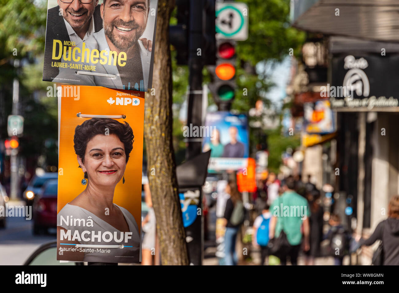 Montreal, CA - 13 Settembre 2019: manifesti elettorali per le prossime elezioni federali sulla Mont-Royal avenue. Foto Stock