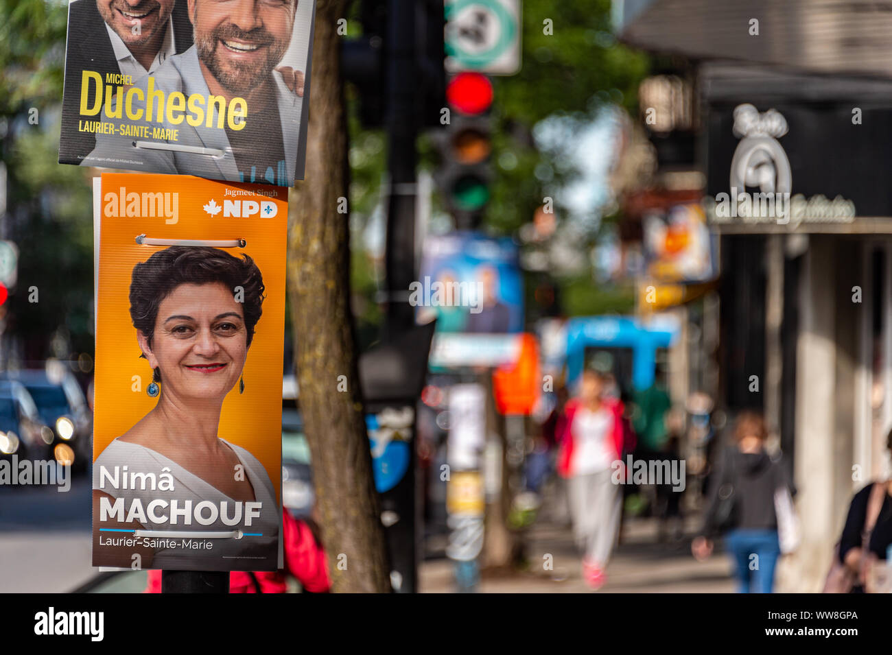 Montreal, CA - 13 Settembre 2019: manifesti elettorali per le prossime elezioni federali sulla Mont-Royal avenue. Foto Stock