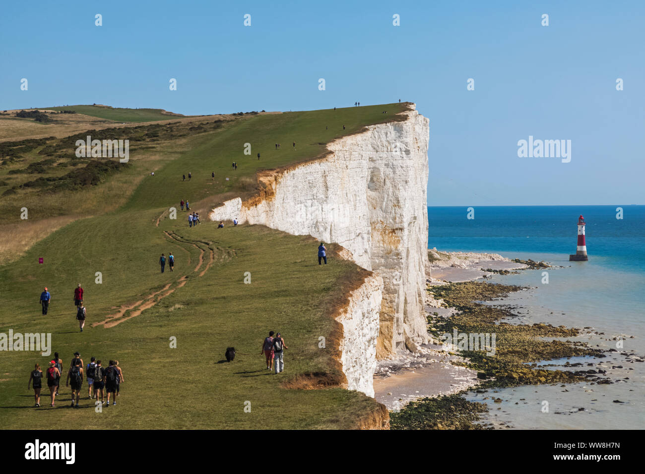 Inghilterra, East Sussex, Eastbourne, South Downs National Park, le Sette Sorelle, Beachy Head Lighthouse Foto Stock