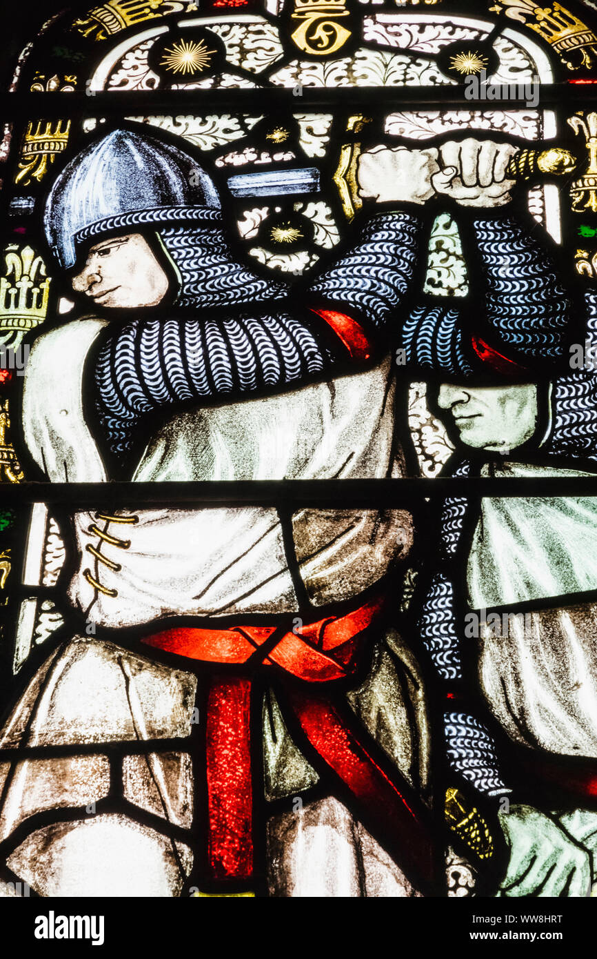 Inghilterra, Kent, Canterbury, la Chiesa cattolica di San Tommaso di Canterbury, Vetrata raffigurante l assassinio di Thomas Becket, arcivescovo di Canterbury dal 1162-1170 Foto Stock