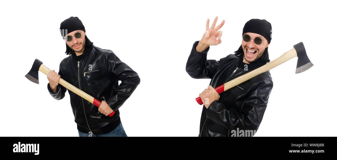 L'uomo arrabbiato con ax isolato su bianco Foto Stock