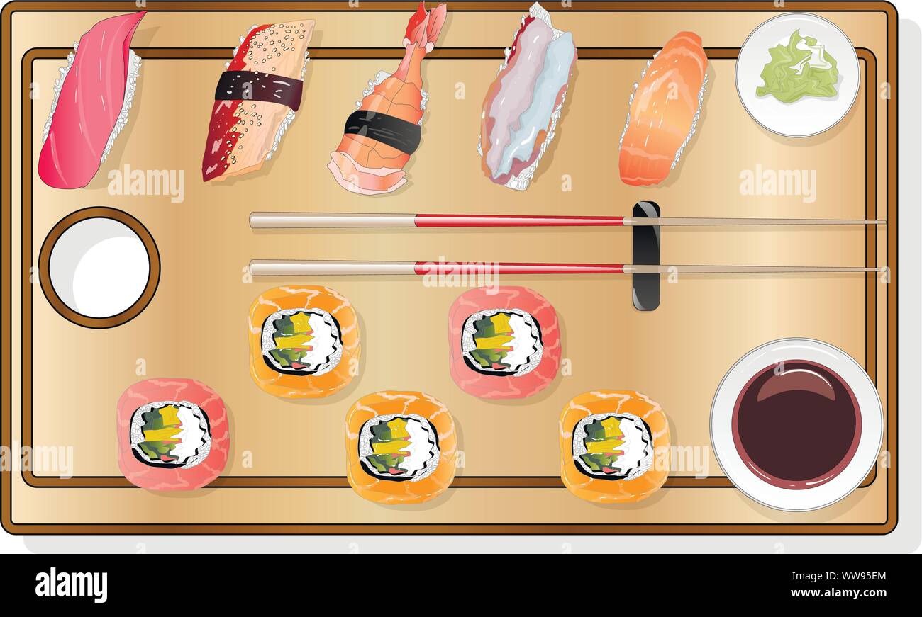 Il Nigiri Sush seti illustrazione isolato. Vista dall'alto. Illustrazione Vettoriale