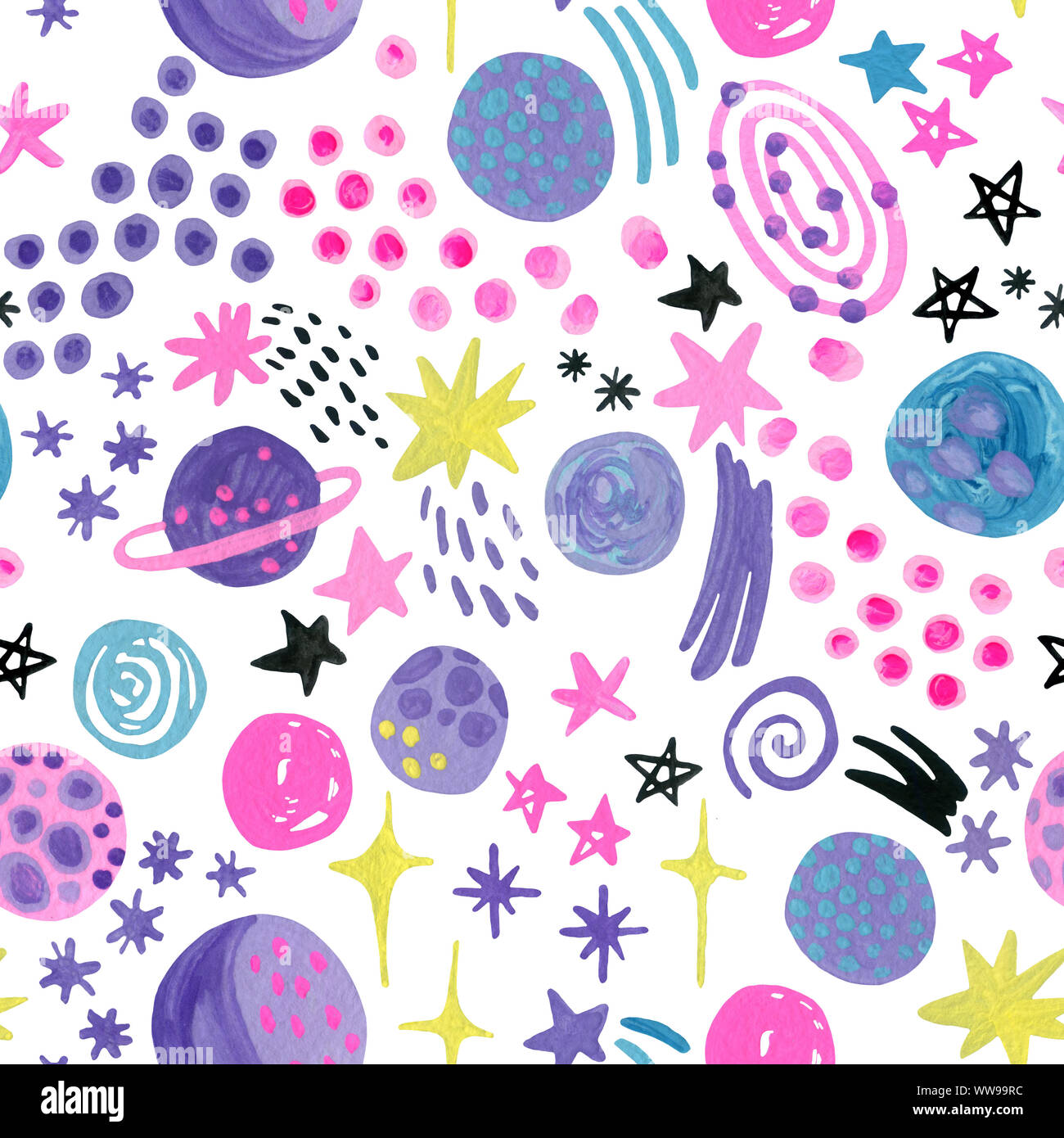 Colorato spazio infantile seamless pattern. Acquerello cartoon pianeti, stelle comete, Galaxy in luminosi colori alla moda. Universo sfondo per scandi nu Foto Stock