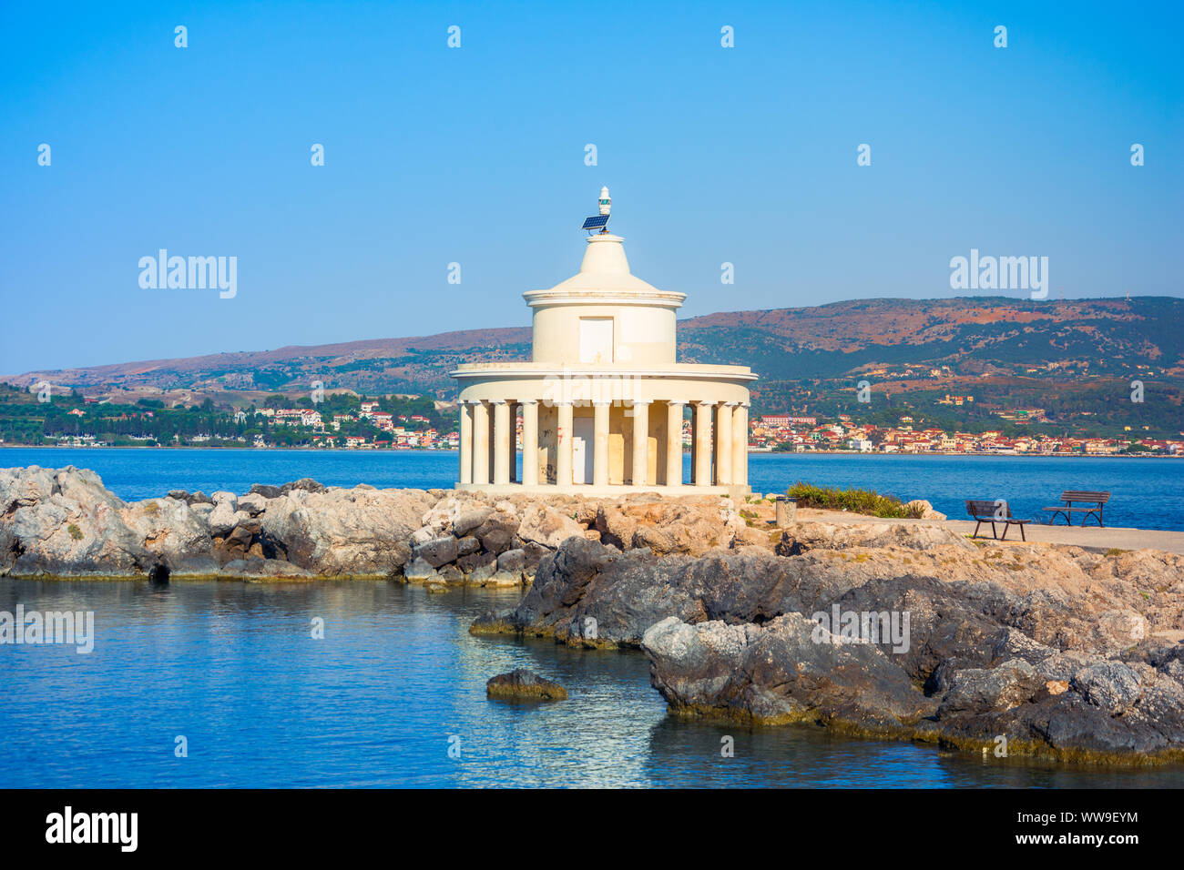 Splendida vista del faro di San Teodoro sull'isola di Cefalonia, Grecia Foto Stock