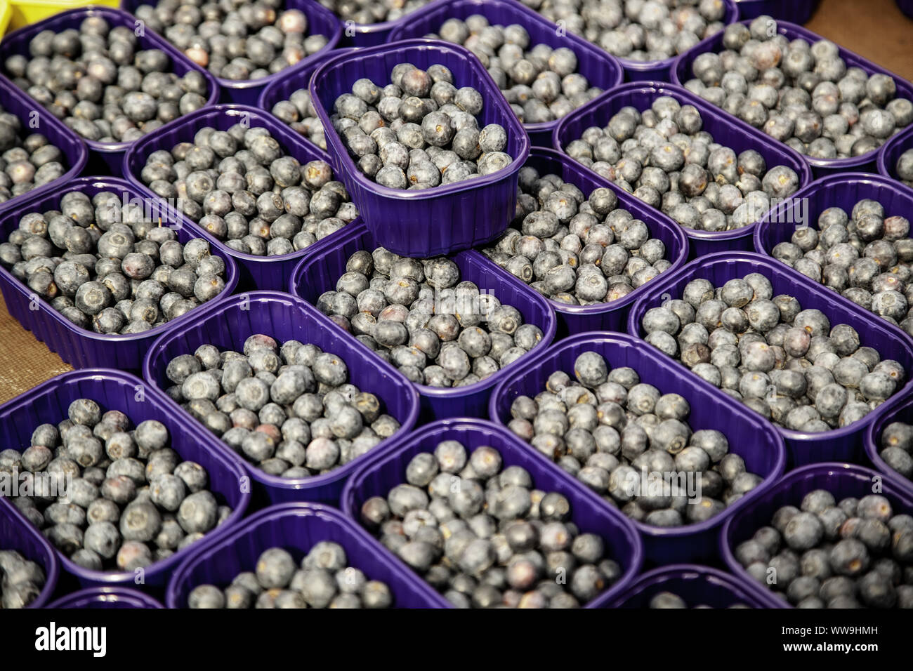 I mirtilli in un mercato, dettaglio di prodotti freschi e salutari e di frutta Foto Stock