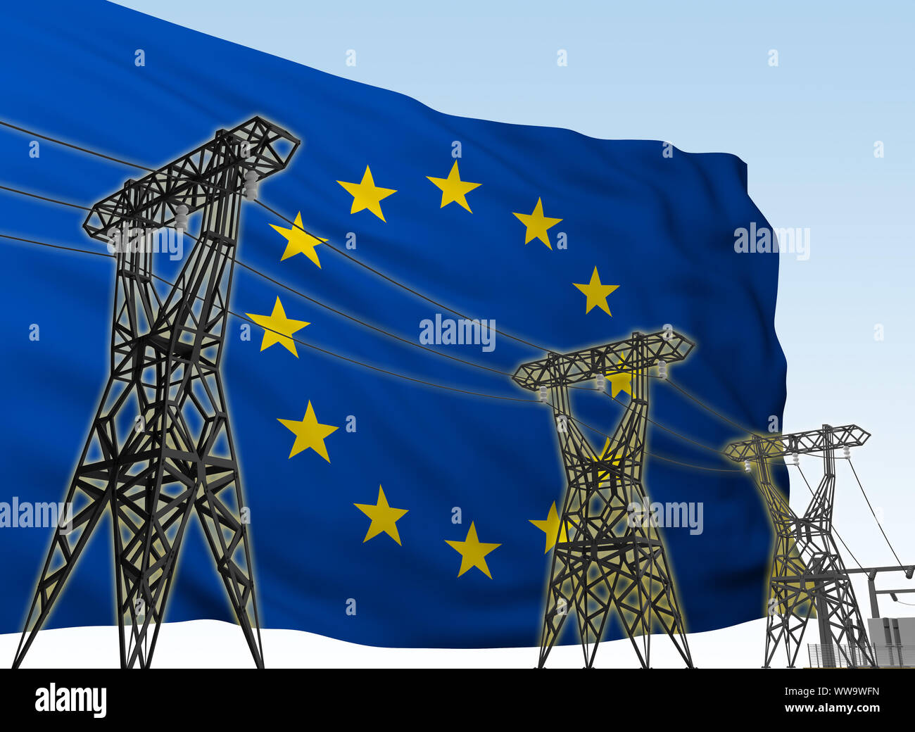 Le linee di alimentazione sullo sfondo bandiera dell'Europa. Il rendering 3D Foto Stock