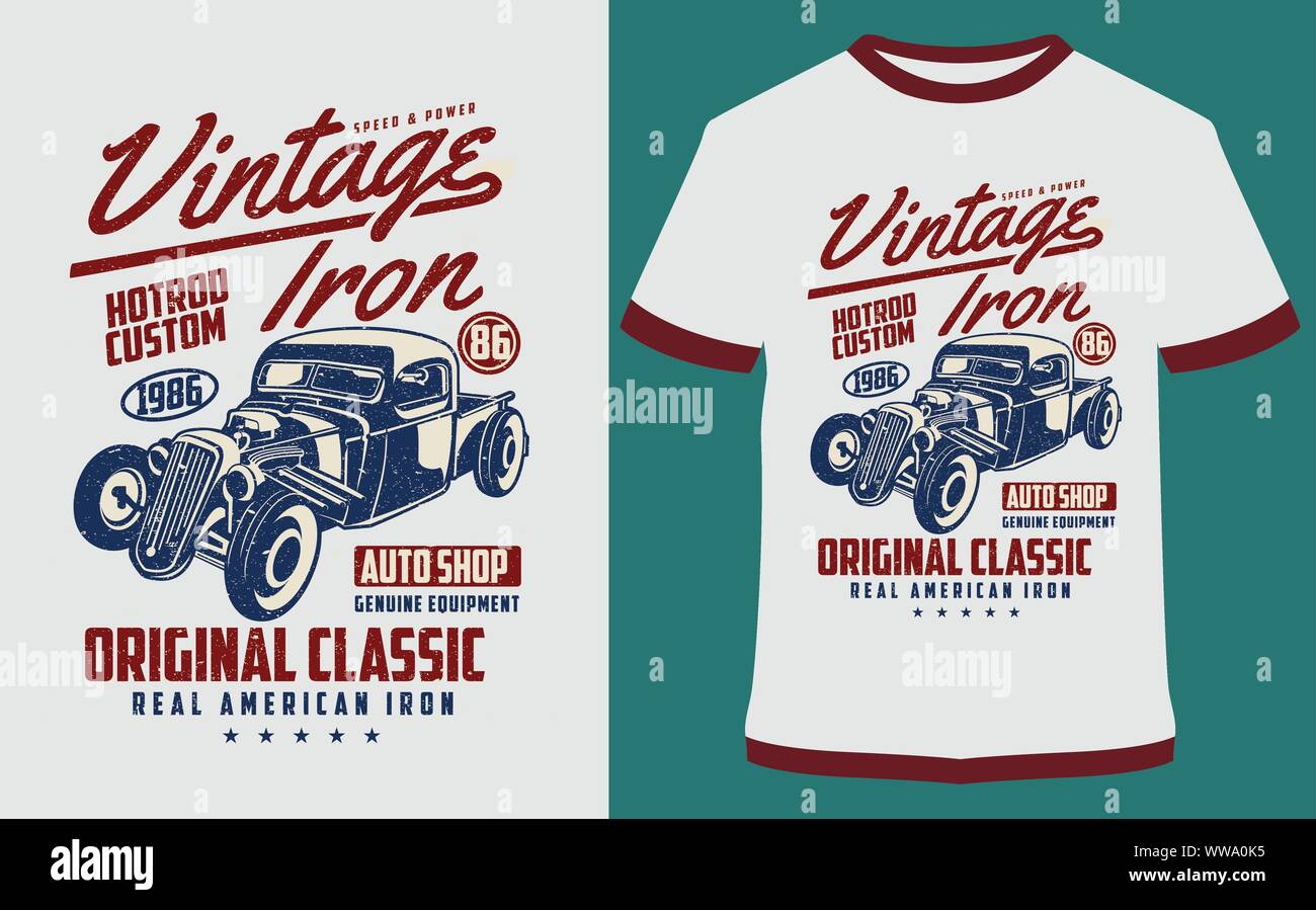 Car T-Shirt Design Vettoriali, tipografia illustrazione, in tutto il mondo Speedway - Classic Car Race - il corridore di velocità - si può utilizzare per etichetta, logo, segno, adesivo Illustrazione Vettoriale