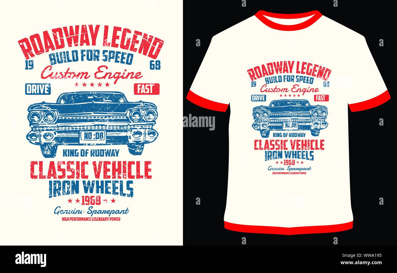 Car T-Shirt Design Vettoriali, tipografia illustrazione, in tutto il mondo Speedway - Classic Car Race - il corridore di velocità - si può utilizzare per etichetta, logo, segno, adesivo Illustrazione Vettoriale