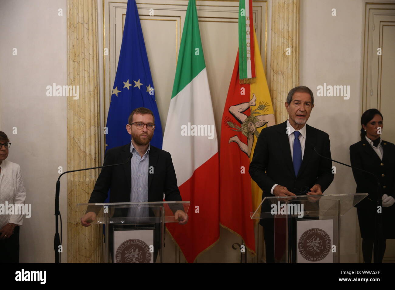 Nella foto il nuovo Ministro per il Sud Giuseppe Provenzano e il Presidente della Regione Sicilia Nello Musumeci (Alberto Lo Bianco/fotogramma, Palermo - 2019-09-13) p.s. la foto e' utilizzabile nel rispetto del contesto in cui e' stata scattata, e senza intento diffamatorio del decoro delle persone rappresentate Foto Stock