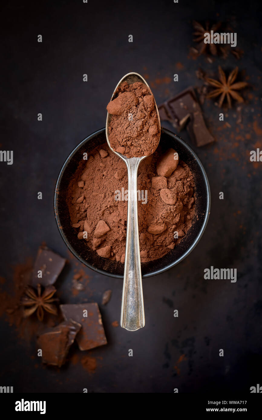 Cacao in polvere in un cucchiaio con pezzetti di cioccolato e anice stellato a sfondo scuro. Vista aerea, la profondità di campo Foto Stock