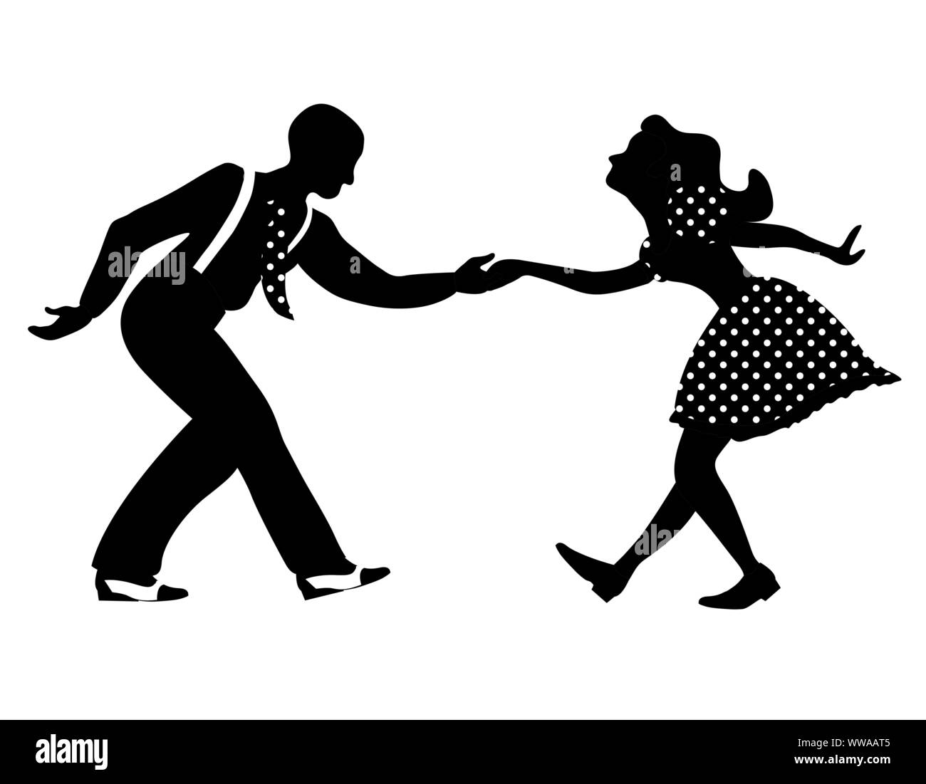 Il ballo di Swing negativo giovane silhouette. I colori nero e bianco. Negli anni quaranta e stile anni trenta. Donna in abito con punti e uomo con bretelle e cravatta. Illustrazione Vettoriale