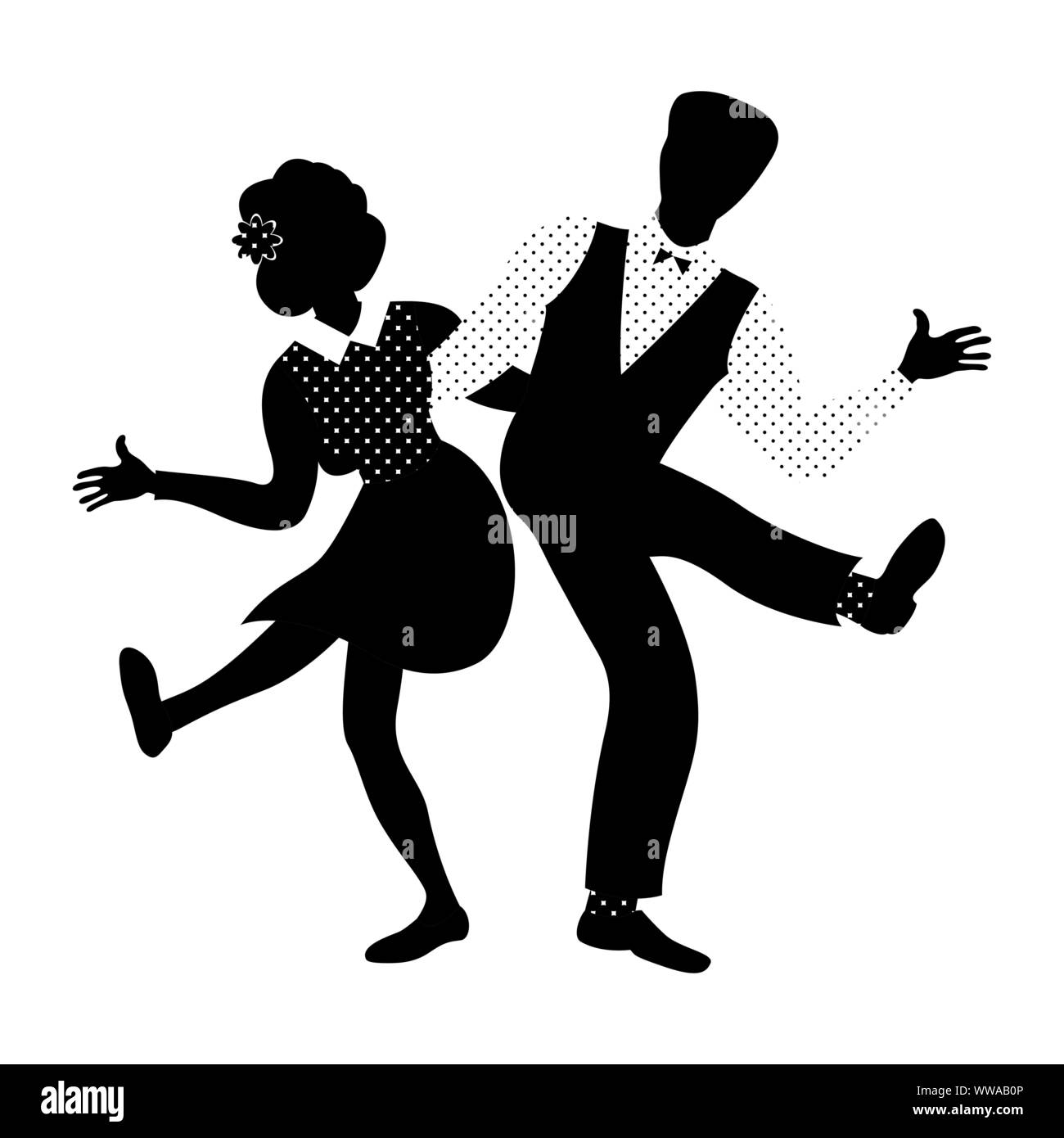 Paio di persone ballando Charleston. Quaranta e Cinquanta stile. Appartamento illustrazione vettoriale nei colori bianco e nero. Illustrazione Vettoriale