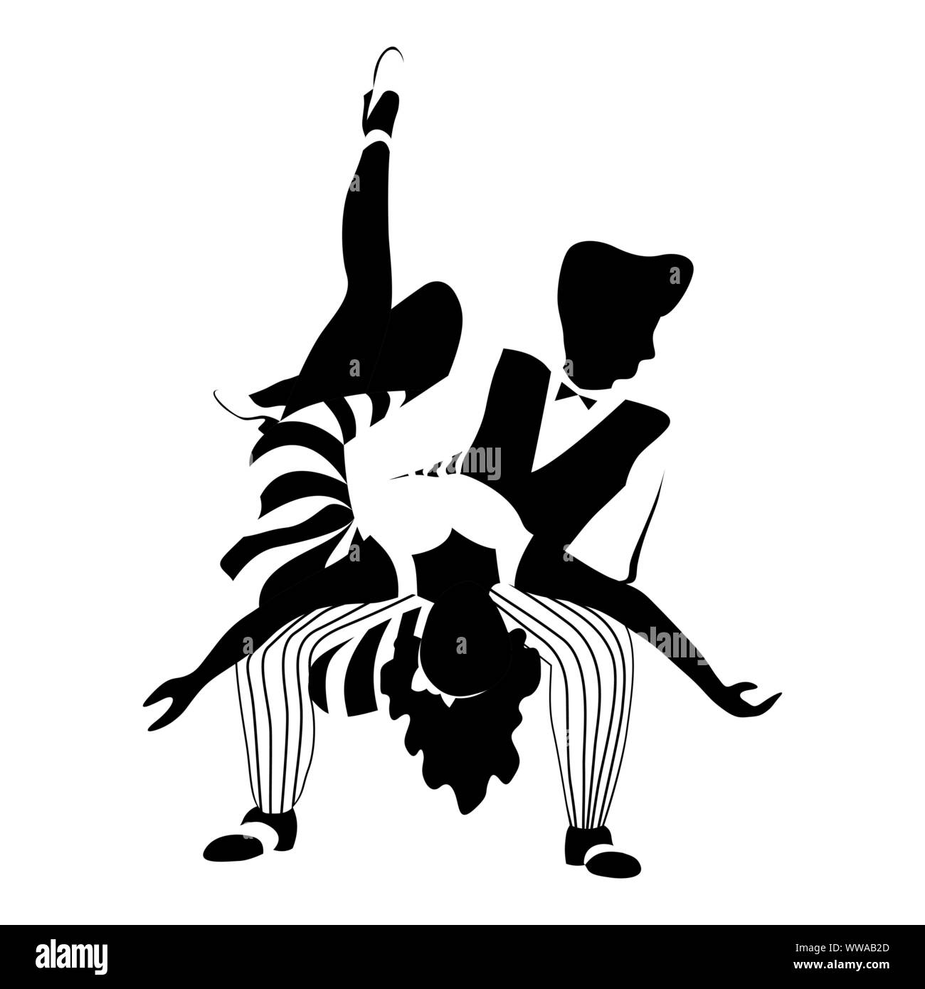 Il ballo di Swing giovane silhouette nei colori bianco e nero. Quaranta e Cinquanta stile. Donna e uomo che fa un prodezze acrobatiche. Appartamento illustrazione vettoriale. Illustrazione Vettoriale