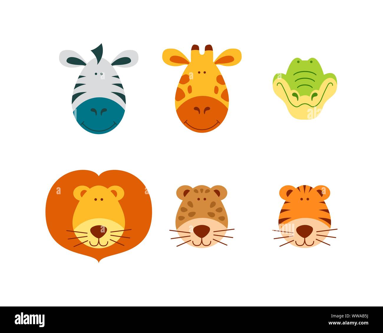 Cartoon carino e divertente animali volti set. Zebra, giraffe, coccodrillo, lion, Leopard e Tiger. Appartamento illustrazione vettoriale. Illustrazione Vettoriale