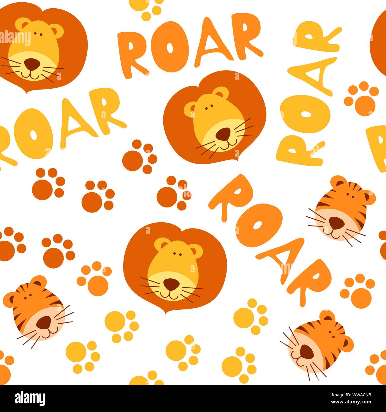 Modello senza cuciture con graziosi tigri e leoni. Ripetuti ornamento con facce di animali, il testo e le frizioni. Illustrazione Vettoriale