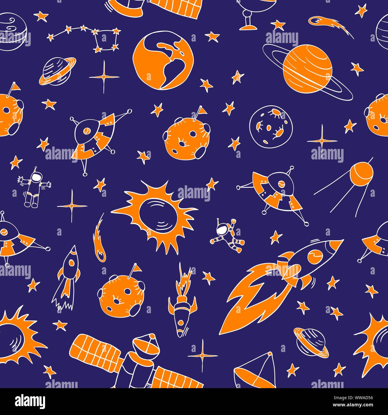 Doodle sky pettern senza giunture. Disegnato a mano gli oggetti dello spazio con elementi di colore arancione su sfondo blu. Illustrazione Vettoriale. Illustrazione Vettoriale