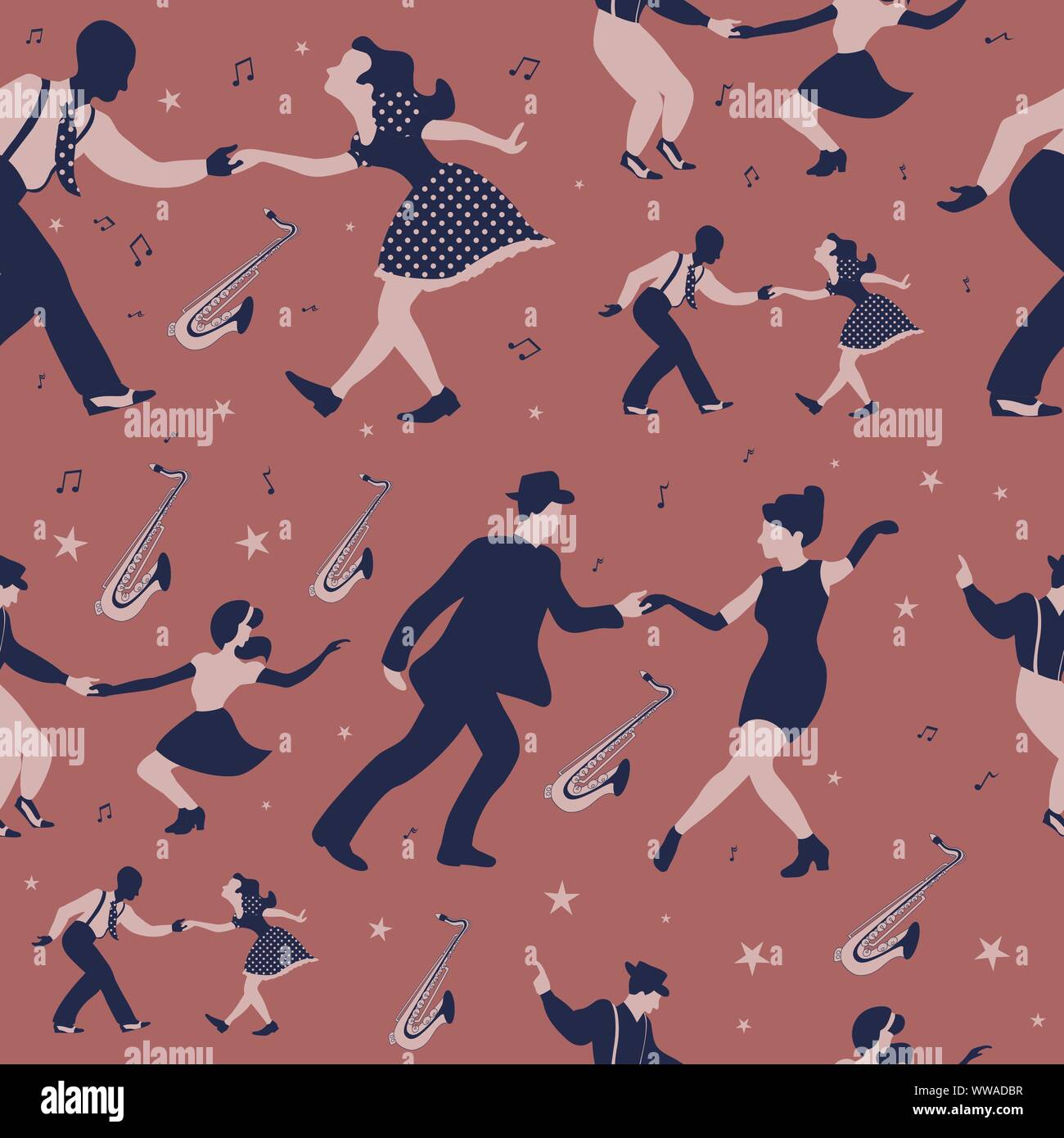 Il ballo di Swing seamless pattern con coppie danzanti, sassofoni, note musicali e stelle su uno sfondo di colore marrone. Illustrazione Vettoriale. Illustrazione Vettoriale