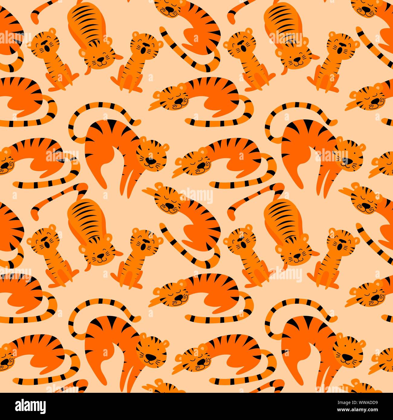 Modello senza cuciture con Cartoon carino tigers isolato su sfondo arancione. Appartamento illustrazione vettoriale. Illustrazione Vettoriale