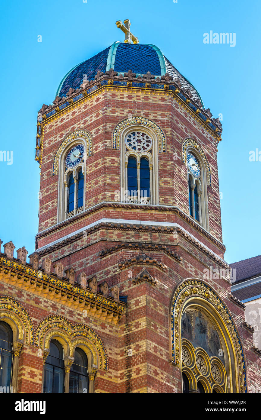Orologio e torre campanaria della Trinità Santa Chiesa Ortodossa Greca, Fleischmarkt, Vienna, Austria. Foto Stock