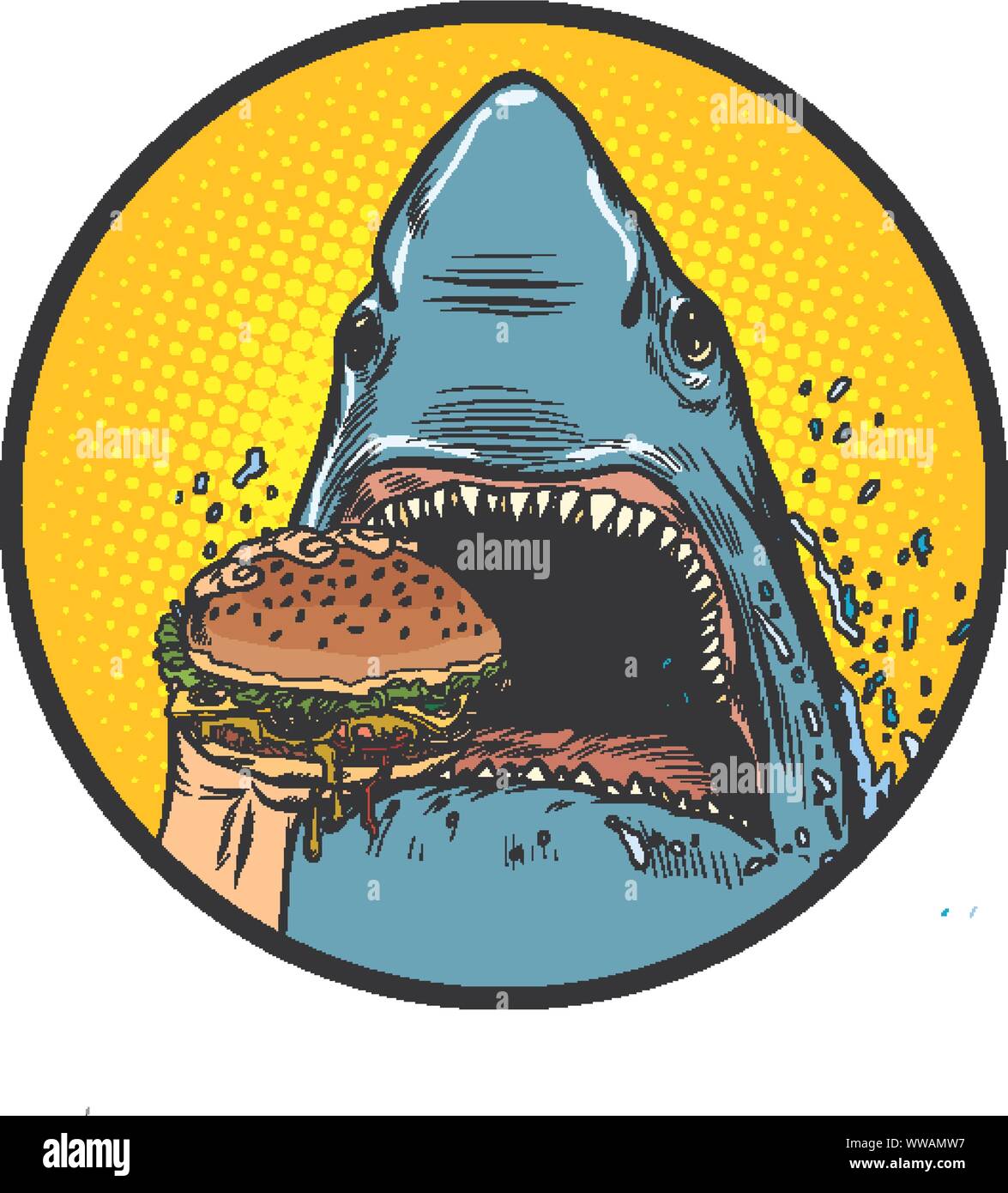 Hungry Shark mangiare il Burger. La Pop art retrò illustrazione vettoriale disegno Illustrazione Vettoriale