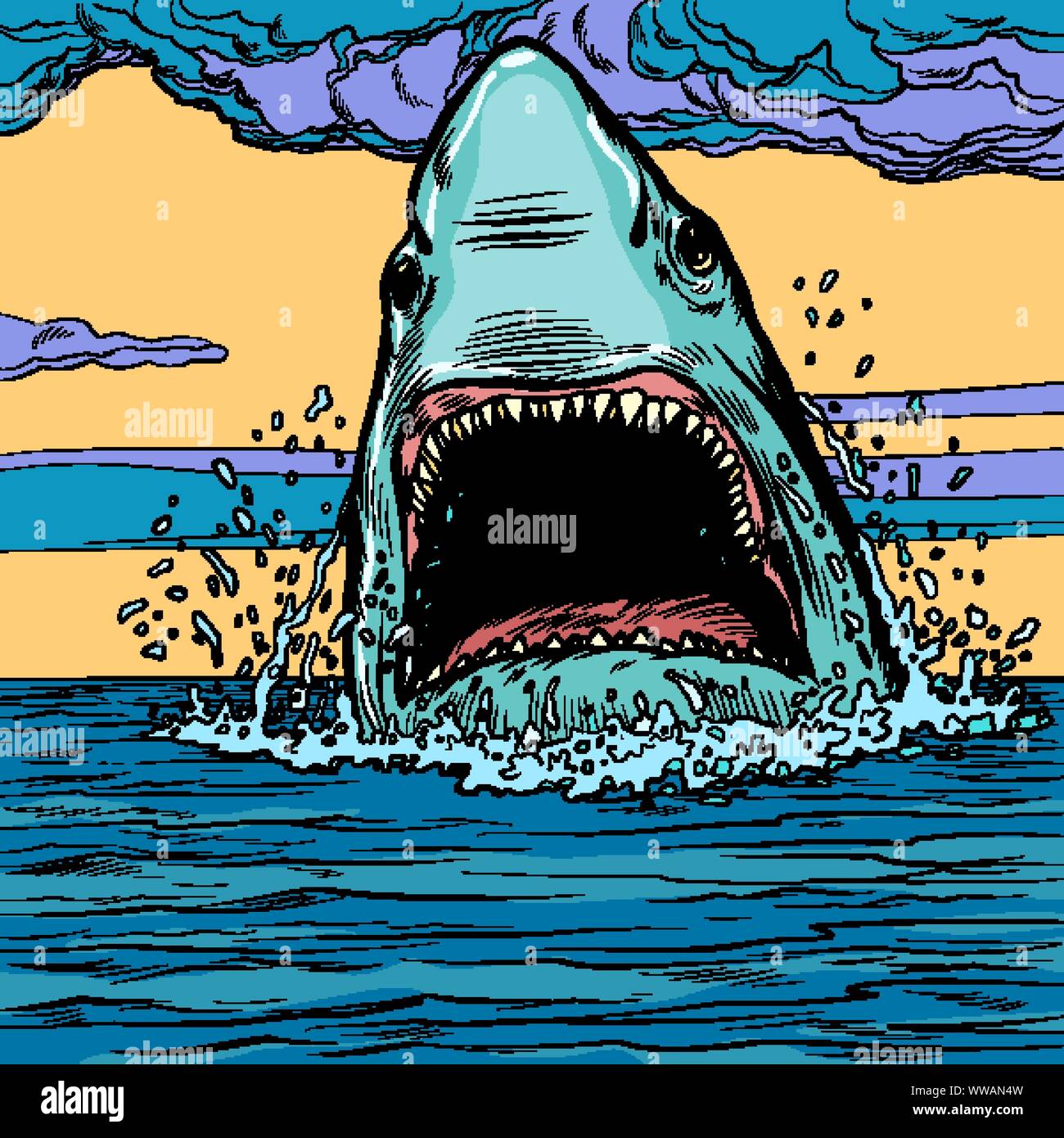 Pericoloso squalo aggressiva nell'oceano. Animali marini. La Pop art retrò illustrazione vettoriale disegno Illustrazione Vettoriale