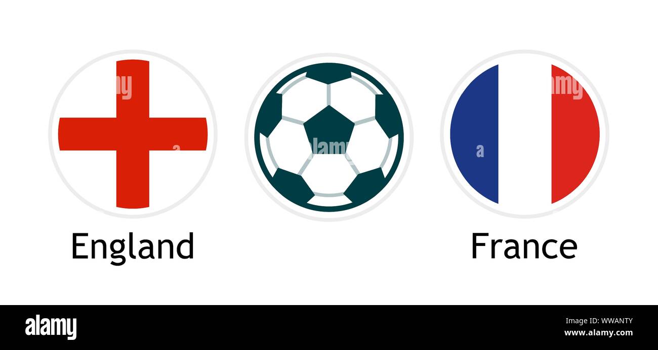 Tra Inghilterra e Francia - banner di vettore per il calcio concorrenza. Illustrazione con round bandiere nazionali e la sfera di calcio isolati su sfondo bianco. Illustrazione Vettoriale Tra Inghilterra e Francia - banner di vettore per il calcio concorrenza. Illustrazione con round bandiere nazionali e la sfera di calcio isolati su sfondo bianco. Illustrazione Vettoriale