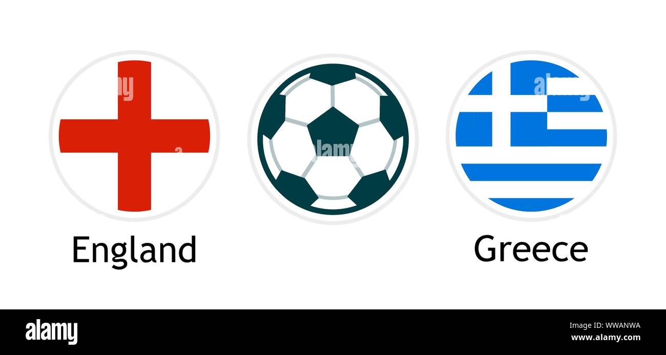 Tra Inghilterra e Grecia - banner di vettore per il calcio concorrenza. Illustrazione con round bandiere nazionali e la sfera di calcio isolati su sfondo bianco. Illustrazione Vettoriale Tra Inghilterra e Grecia - banner di vettore per il calcio concorrenza. Illustrazione con round bandiere nazionali e la sfera di calcio isolati su sfondo bianco. Illustrazione Vettoriale