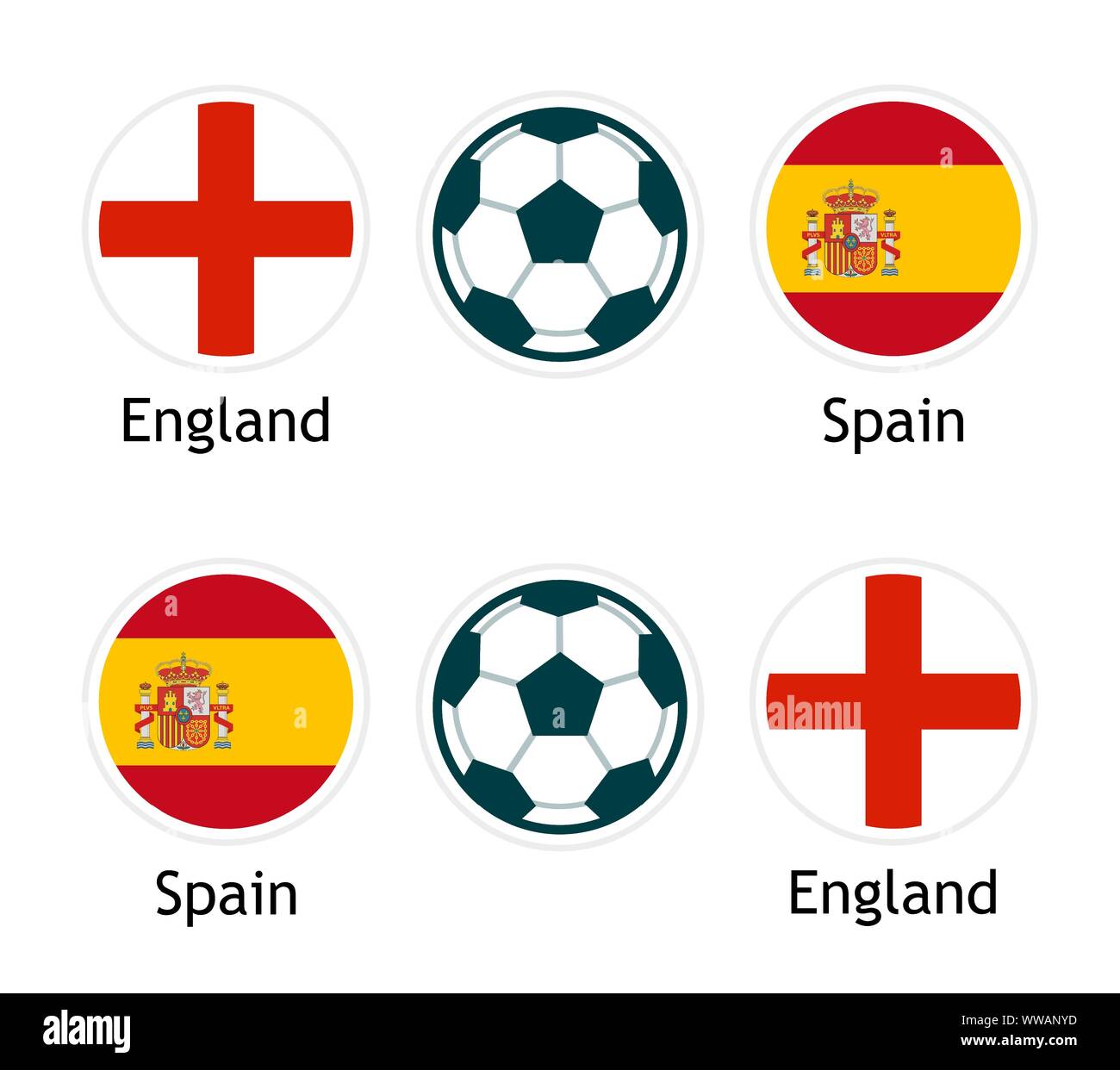 Tra Inghilterra e Spagna - banner di vettore per il calcio concorrenza. Illustrazione con round bandiere nazionali e la sfera di calcio isolati su sfondo bianco. Illustrazione Vettoriale Tra Inghilterra e Spagna - banner di vettore per il calcio concorrenza. Illustrazione con round bandiere nazionali e la sfera di calcio isolati su sfondo bianco. Illustrazione Vettoriale