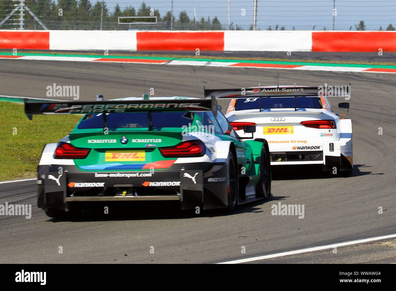 Nurburg, Deutschland. Xiv Sep, 2019. Nuerburg, Germania 13-15 Settembre 2019: DTM Nuerburgring - Gara 1 - 2019 Jamie Green (Audi Sport Team Rosberg # 53) davanti a Marco Wittmann (BMW Team RMG # 11) | utilizzo del credito in tutto il mondo: dpa/Alamy Live News Foto Stock