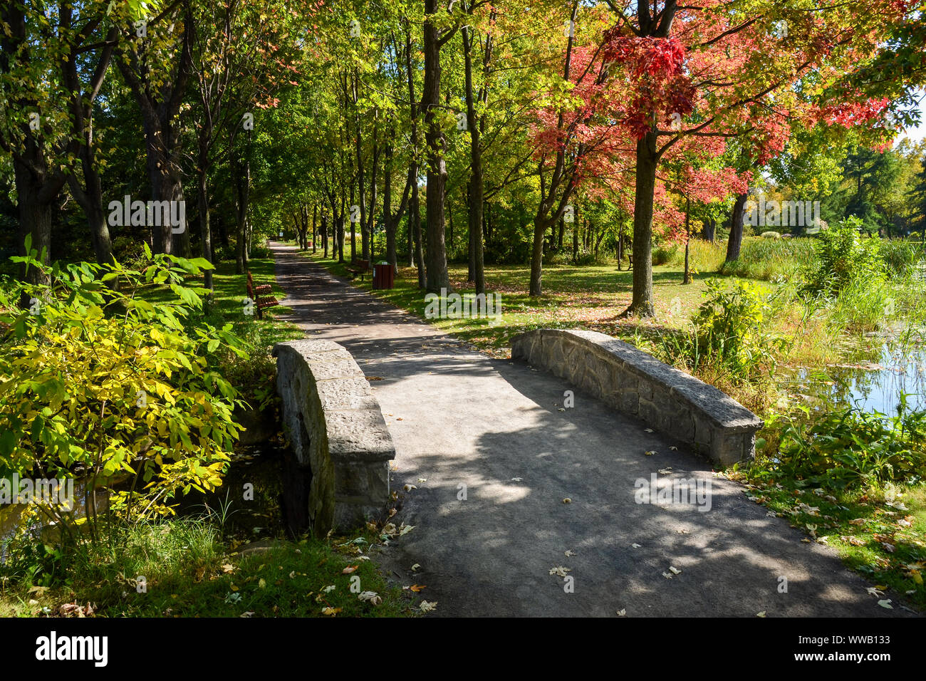 Percorso a piedi in Montreal Giardino Botanico in autunno, provincia del Québec, Canad Foto Stock