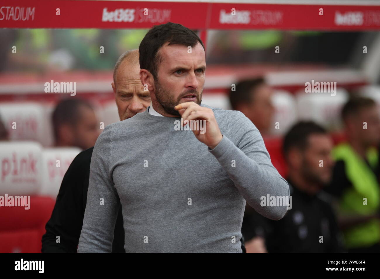 Stoke-On-Trent, Staffordshire, Regno Unito. 14 Settembre, 2019. Stoke City manager Nathan Jones in piroga in vista del campionato fixture con la città di Bristol a Bet365 Stadium. Foto Stock