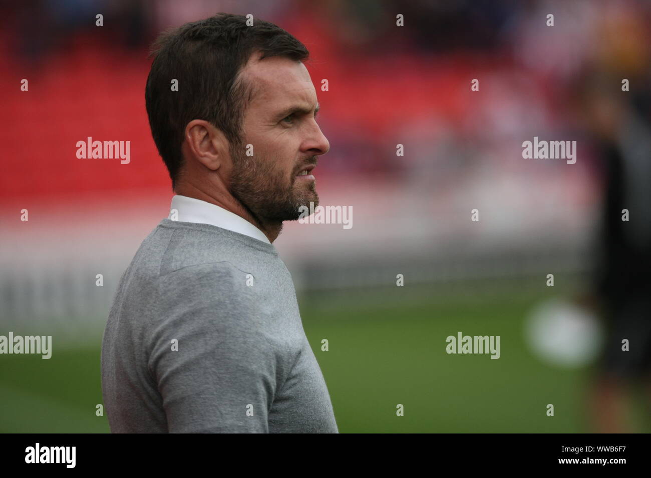 Stoke-On-Trent, Staffordshire, Regno Unito. 14 Settembre, 2019. Stoke City manager Nathan Jones in piroga in vista del campionato fixture con la città di Bristol a Bet365 Stadium. Foto Stock
