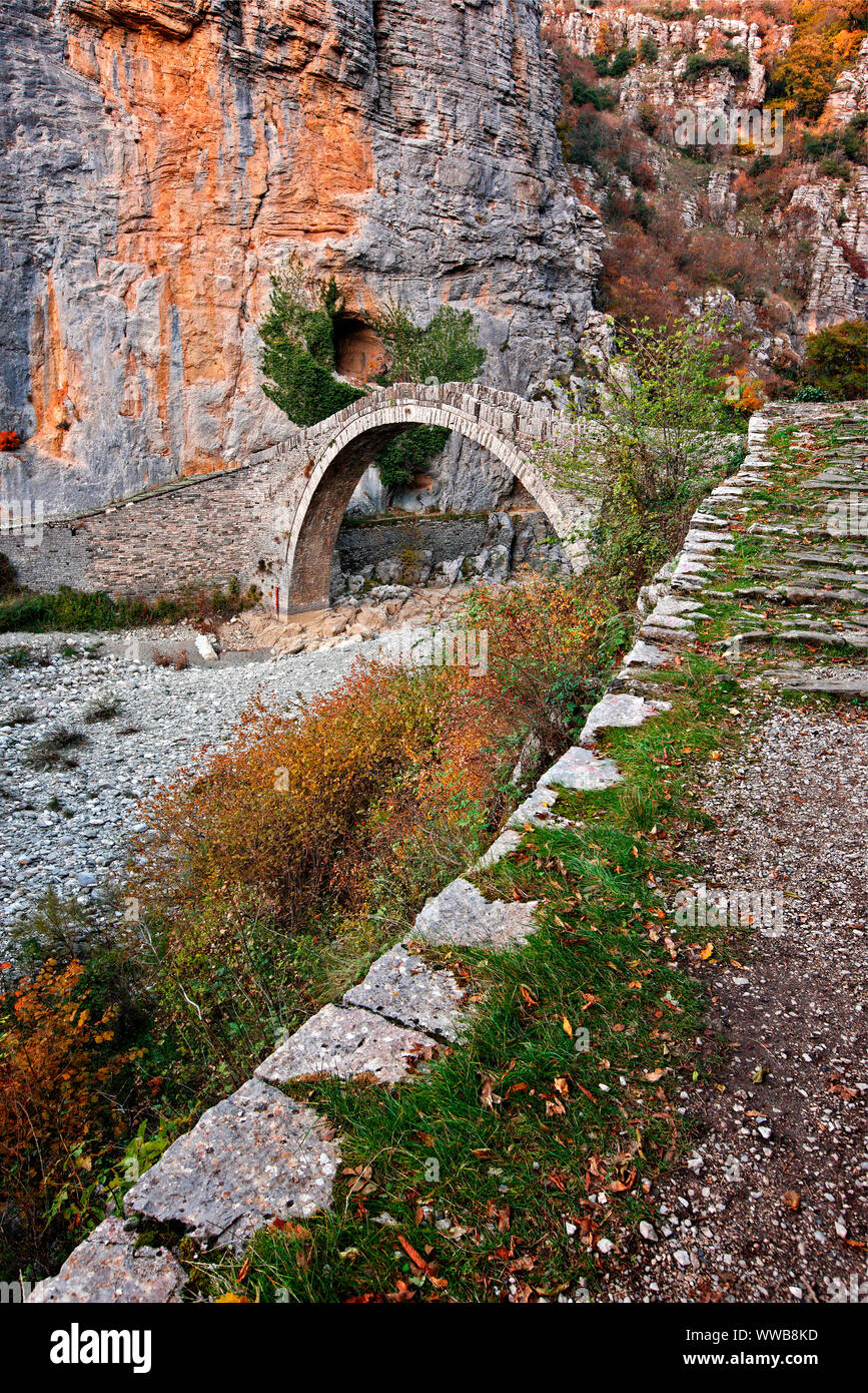 Regione di ZAGORI, Grecia. Il bel vecchio ponte di pietra conosciuta come 'Kokkoris' o 'Noutsios' bridge, Ioannina, Epiro. Foto Stock