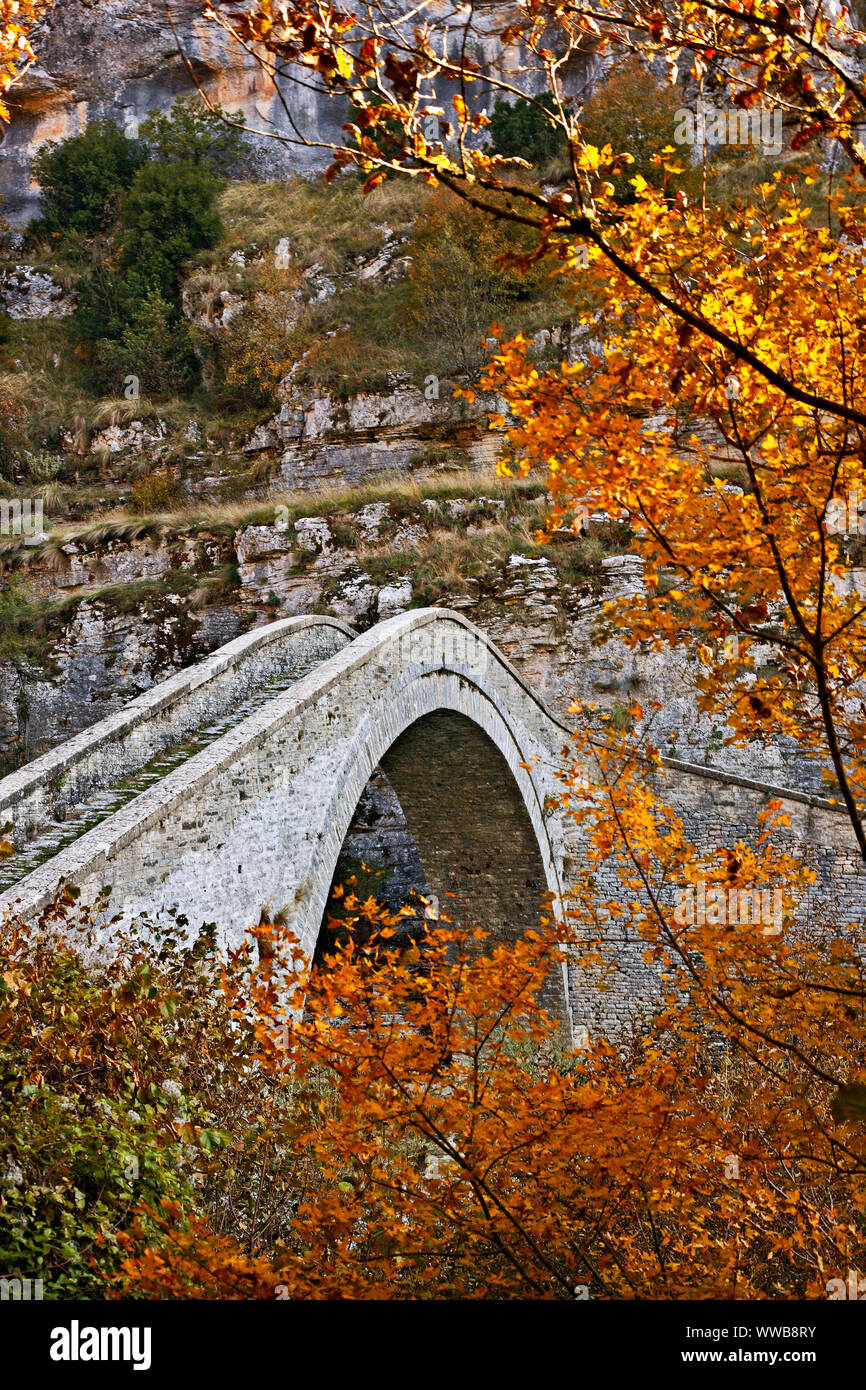 Regione di Zagori Ioannina, prefettura, Epiro, Grecia. La bella 'Missios' ad arco in pietra sul ponte il percorso tra Vitsa e Koukouli villaggi. Foto Stock