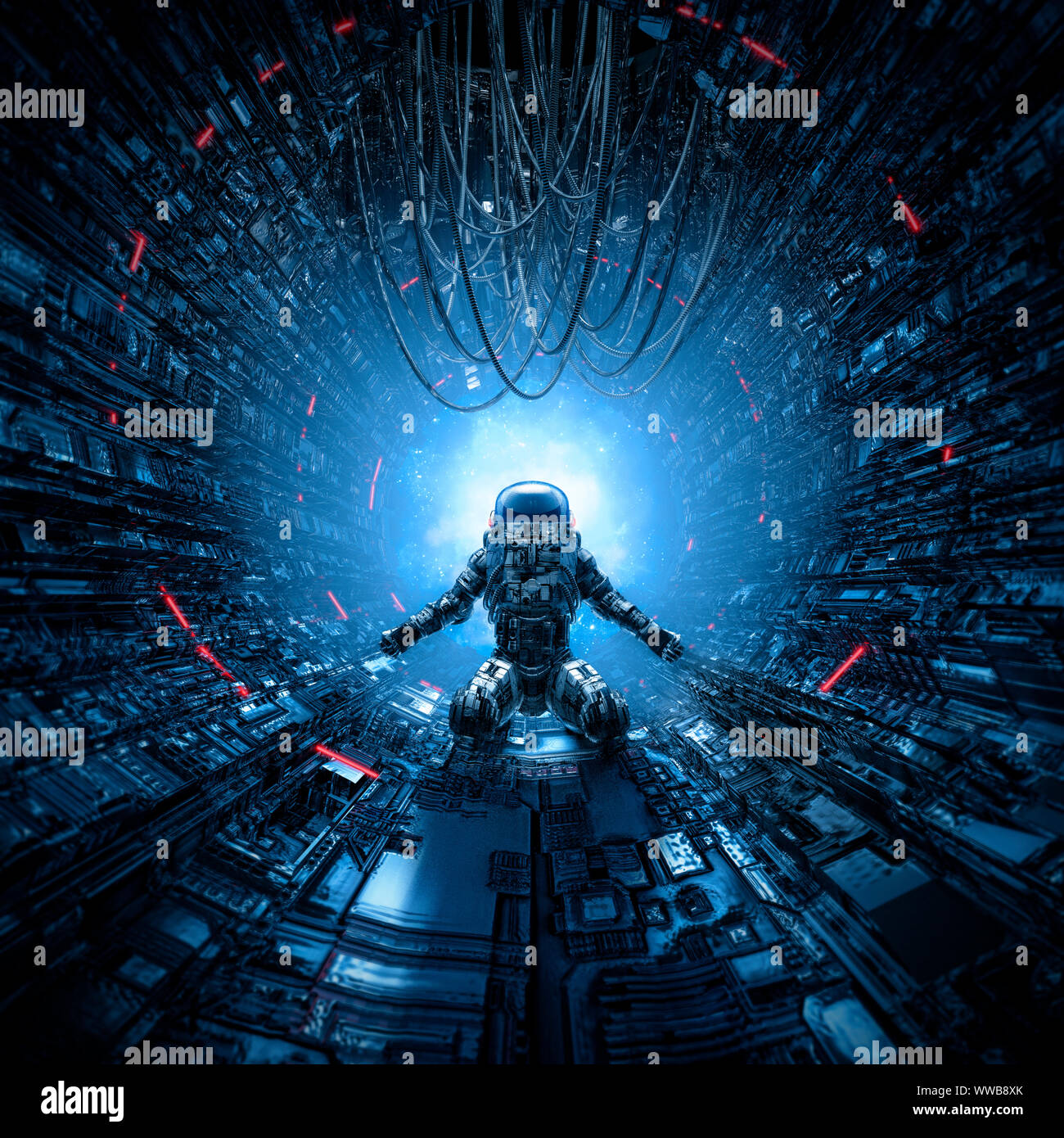 Last Man Standing / 3D illustrazione della astronauta solitario a sinistra dietro in spazio oscuro corridoio di stazione Foto Stock