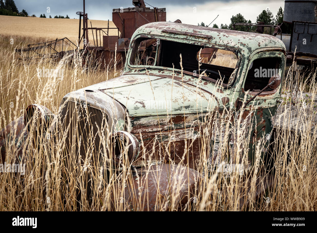 Vecchia sinistra del carrello nei campi di grano di Idaho a rot Foto Stock