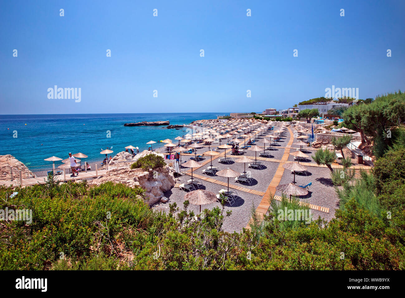 Kakkos Bay beach (bandiera blu premiati), tra ferma e Koutsounari villaggi, Ierapetral, Lassithi, Creta, Grecia. Foto Stock