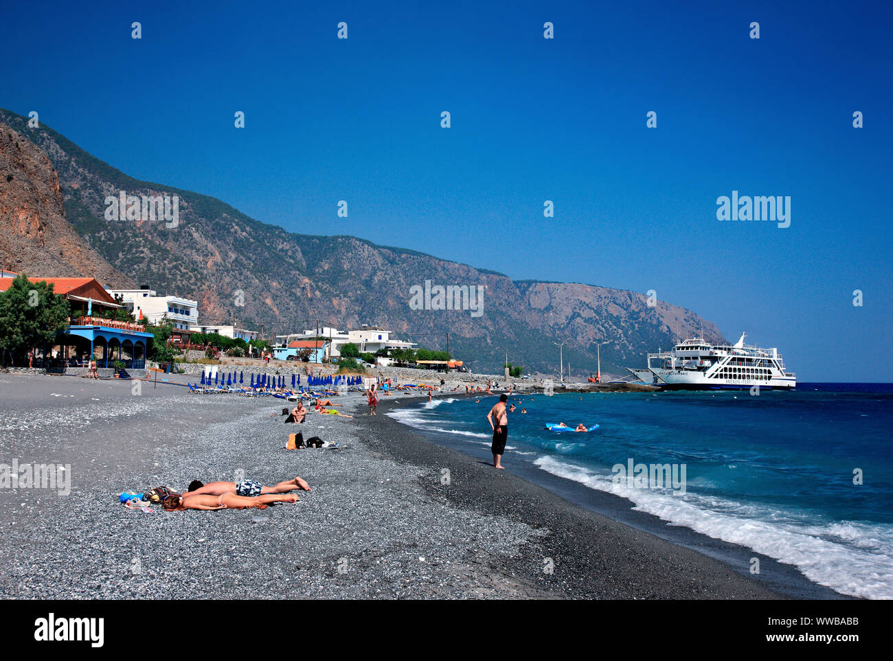 Agia Roumeli village all uscita del canyon di Samaria, regione di Sfakia, Chania, Creta, Grecia. Foto Stock